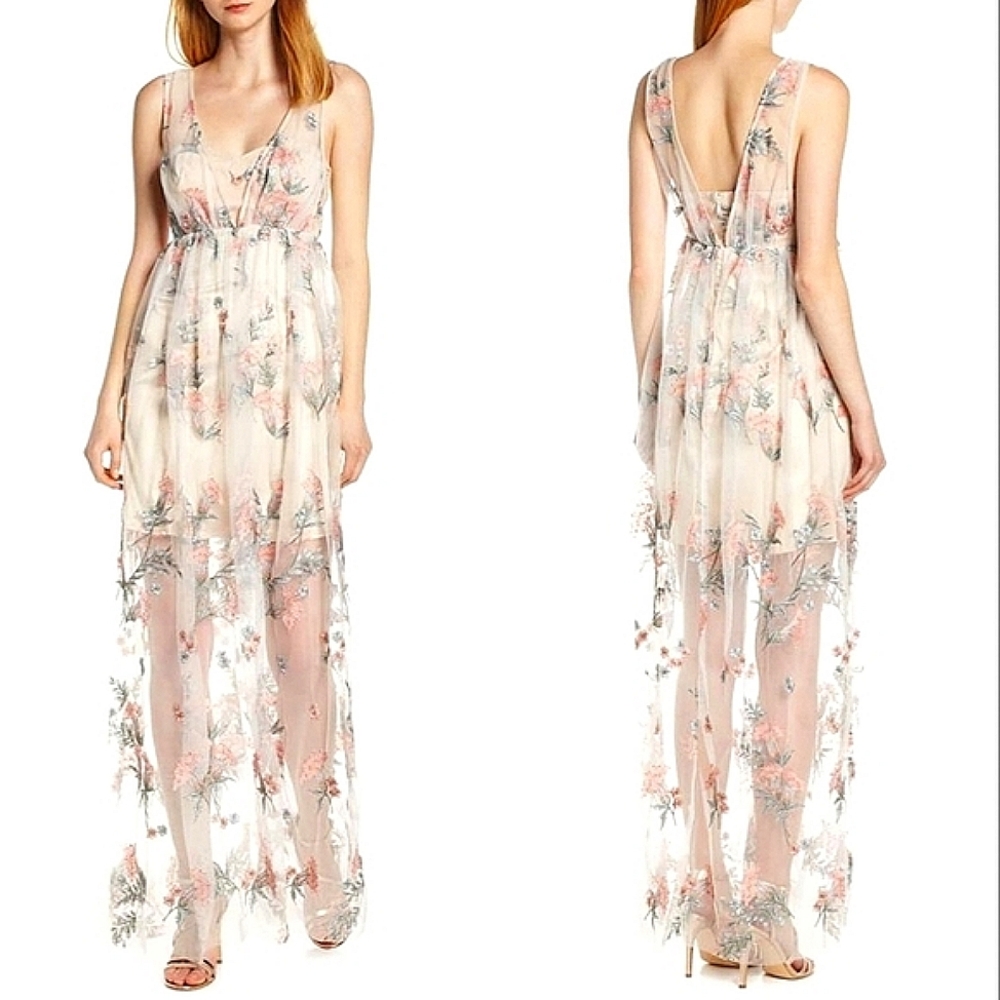 Avec Les Filles Floral Embroidered Sweetheart Maxi Dress, Size 2